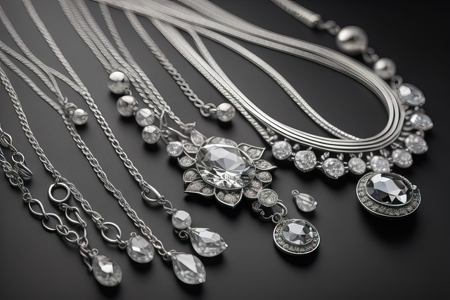 Silver necklace on a solid color background in close-up. ai generative